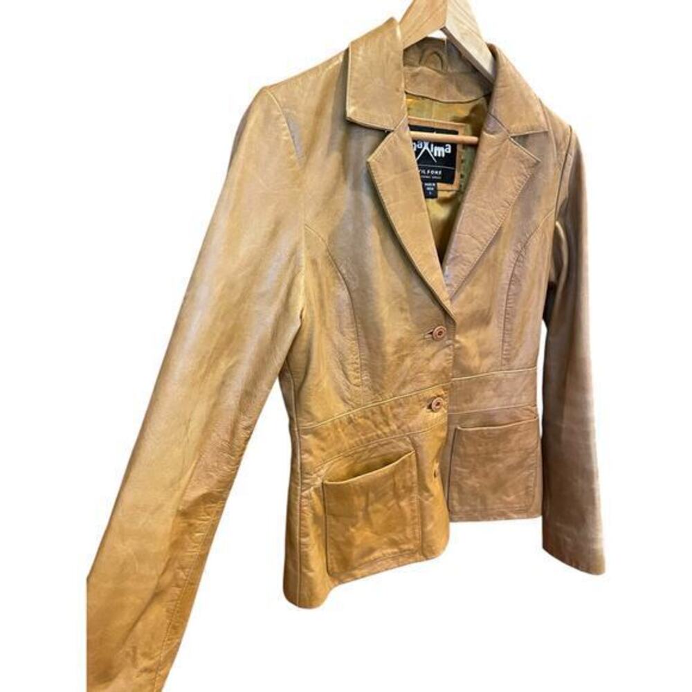 Vintage Wilson's Leather‎ Maxima Camel Brown Button Biker Style Collared Jacket - Picture 3 of 16